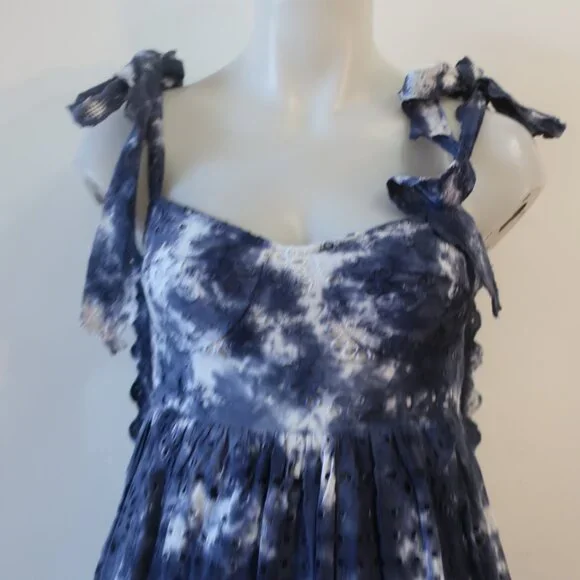 Womens LoveShackFancy Navy Blue White Tie Dye Eyelet Shoulder Ties Midi Dress 0 - Picture 4 of 15